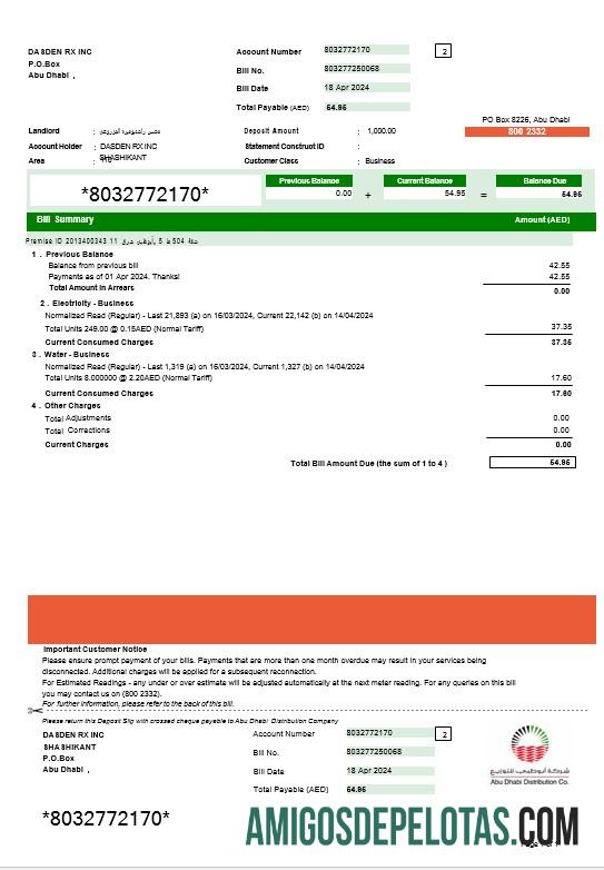 em branco UAE ABU DHABI DISTRIBUTION 7 CO. Business Utility Bill Modelo Word e PDF, Versão 2